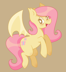 Size: 2840x3100 | Tagged: safe, artist:titaniumbreadcrumbs, fluttershy, bat pony, pony, g4, bat ponified, blushing, cute, fangs, female, flutterbat, high res, looking at you, mare, open mouth, open smile, race swap, shyabates, shyabetes, simple background, smiling, solo, spread wings, three quarter view, wings