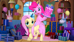 Size: 3840x2160 | Tagged: safe, artist:owlpirate, fluttershy, pinkie pie, earth pony, pegasus, pony, g4, 3d, balloon, cake, food, hat, high res, open mouth, party hat, source filmmaker