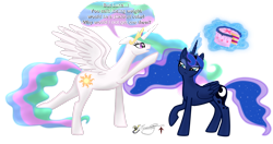 Size: 3365x1782 | Tagged: safe, artist:smilodonkahn, princess celestia, princess luna, alicorn, pony, g4, cake, cakelestia, diet, duo, female, food, glowing, glowing horn, horn, levitation, magic, missing accessory, royal sisters, siblings, simple background, sisters, telekinesis, transparent background, weight loss