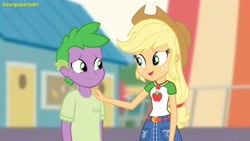 Size: 3640x2048 | Tagged: safe, artist:georgegarza01, applejack, spike, equestria girls, equestria girls series, g4, rollercoaster of friendship, clothes, collar, cowboy hat, denim, denim skirt, female, geode of super strength, hand on shoulder, hat, high res, human spike, magical geodes, male, ponytail, reassurance, shirt, show accurate, skirt, story included, teenager