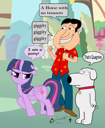 Size: 1050x1280 | Tagged: safe, artist:smilodonkahn, twilight sparkle, alicorn, dog, pony, g4, brian griffin, crossover, cursed image, dialogue, family guy, female, floppy ears, giggity, glenn quagmire, male, speech bubble, trio, twilight sparkle (alicorn)