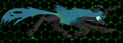 Size: 1024x364 | Tagged: safe, artist:smilodonkahn, queen chrysalis, changeling, changeling queen, g4, crown, fangs, female, jewelry, regalia, running, solo, transparent wings, wings