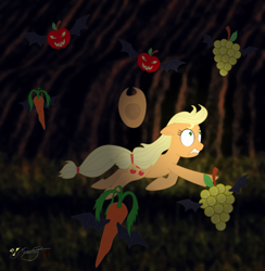 Size: 622x636 | Tagged: safe, artist:smilodonkahn, applejack, earth pony, pony, g4, apple, carrot, female, food, grapes, nightmare, solo