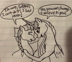 Size: 1979x1694 | Tagged: safe, artist:alyssamaiya, sunny starscout, twilight sparkle, alicorn, earth pony, pony, g5, the last problem, lined paper, motivational, older, older twilight, older twilight sparkle (alicorn), positive ponies, princess twilight 2.0, sketch, speech bubble, sunny and her heroine, timid, traditional art, twilight sparkle (alicorn)