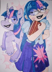 Size: 2798x3837 | Tagged: safe, artist:aylinsart, sci-twi, twilight sparkle, alicorn, human, pony, equestria girls, g4, chest fluff, curved horn, duo, female, glasses, high res, horn, human coloration, human ponidox, open mouth, open smile, self ponidox, smiling, square crossover, starry eyes, traditional art, twilight sparkle (alicorn), wingding eyes
