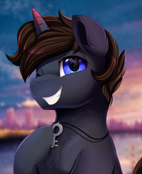 Size: 1446x1764 | Tagged: safe, artist:pridark, oc, oc only, oc:insomnia, pony, unicorn, blue eyes, bust, chest fluff, commission, horn, one eye closed, portrait, smiling, solo, unicorn oc, wink