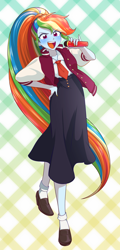 Size: 2054x4268 | Tagged: safe, alternate version, artist:rileyav, rainbow dash, equestria girls, g4, alternate hairstyle, anime, clothes, commission, cosplay, costume, crossover, eye clipping through hair, eyebrows, eyebrows visible through hair, female, hand on hip, high res, microphone, necktie, open mouth, open smile, ponytail, saki nikaido, school uniform, shoes, skirt, smiling, solo, zombieland saga