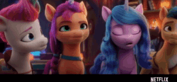Size: 1920x888 | Tagged: safe, screencap, hitch trailblazer, izzy moonbow, sunny starscout, zipp storm, earth pony, pegasus, pony, unicorn, g5, my little pony: a new generation, spoiler:my little pony: a new generation, 3d, animated, background pony, fake horn, female, floppy ears, looking at each other, male, mare, sound, stallion, table, talking, teapot, webm, worried