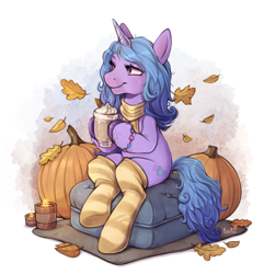 Size: 3014x3125 | Tagged: safe, artist:birdoffnorth, izzy moonbow, pony, unicorn, g5, autumn, candle, clothes, female, high res, leaves, pumpkin, sitting, smiling, socks, solo, striped socks