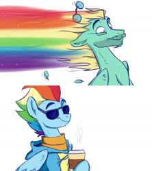 Size: 1280x1440 | Tagged: safe, artist:rutkotka, part of a set, rainbow dash, zephyr breeze, pegasus, pony, comic:zephyr/dash sketched story, g4, clothes, coffee, comic, cup, facial hair, female, glasses, glasses off, goatee, hoodie, male, mare, moustache, older, older rainbow dash, older zephyr breeze, rainbow trail, ship:zephdash, shipping, simple background, sketch, smiling, stallion, straight, sunglasses, sweater, uniform, white background, windswept mane