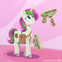 Size: 1600x1600 | Tagged: safe, artist:willoillo, oc, oc only, oc:saskia, pony, unicorn, commission, fallout equestria: guardians of the wastes, gun, horn, submachinegun, unicorn oc, weapon