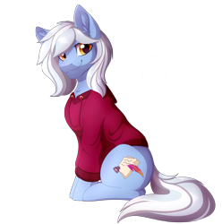 Size: 2473x2491 | Tagged: safe, artist:_ladybanshee_, oc, oc only, oc:word weaver, earth pony, pony, chest fluff, clothes, commission, ear fluff, fluffy mane, full body, happy, high res, hoodie, shading, simple background, sitting, smiling, solo, transparent background
