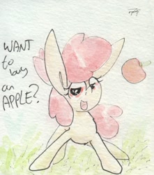 Size: 688x779 | Tagged: safe, artist:slightlyshade, apple bloom, earth pony, pony, g4, apple, female, filly, food, solo, text