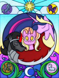 Size: 1050x1400 | Tagged: safe, artist:enigmadoodles, king sombra, luster dawn, twilight sparkle, alicorn, pony, fanfic:no second chances, g4, the last problem, armor, crown, fanfic, fanfic art, fanfic cover, jewelry, older, older twilight, older twilight sparkle (alicorn), peytral, princess twilight 2.0, regalia, stained glass, twilight sparkle (alicorn)