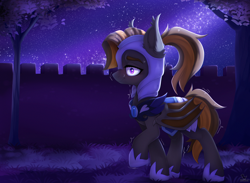 Size: 4848x3547 | Tagged: safe, artist:dinoalpaka, oc, oc only, oc:mythic dawn, bat pony, pony, absurd resolution, armor, bat pony oc, bat wings, blushing, commission, detailed background, explicit source, fangs, female, guardsmare, mare, motion lines, night guard, night guard armor, ponytail, purple eyes, royal guard, shaking, solo, story included, sweat, sweating bullets, sweating profusely, tree, trembling, walking, wings