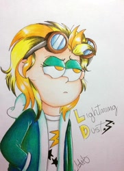 Size: 695x960 | Tagged: safe, artist:milledpurple, lightning dust, human, g4, bust, clothes, ear piercing, eyelashes, female, frown, goggles, humanized, jacket, piercing, signature, skirt, solo, traditional art