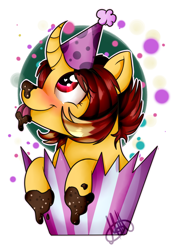 Size: 782x1104 | Tagged: safe, artist:milledpurple, oc, oc only, pony, unicorn, abstract background, blushing, hat, looking up, party hat, signature, simple background, smiling, solo, white background