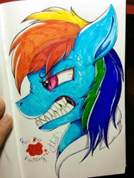 Size: 720x960 | Tagged: safe, artist:milledpurple, rainbow dash, pegasus, pony, fanfic:rainbow factory, g4, bust, fanfic art, female, grin, gritted teeth, mare, sharp teeth, signature, smiling, solo, teeth, traditional art