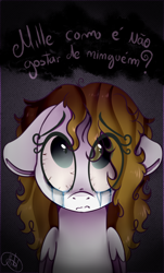 Size: 514x851 | Tagged: safe, artist:milledpurple, oc, oc only, pegasus, pony, bloodshot eyes, bust, colored wings, crying, eye clipping through hair, female, frown, looking up, mare, pegasus oc, portuguese, sad, signature, solo, talking, two toned wings, wings