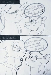 Size: 656x960 | Tagged: safe, artist:milledpurple, oc, oc only, earth pony, pony, unicorn, :p, clothes, comic, dialogue, earth pony oc, eyelashes, female, frown, horn, lineart, mare, portuguese, smiling, tongue out, traditional art, unicorn oc, wide eyes