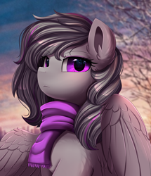 Size: 2582x3003 | Tagged: safe, artist:pridark, oc, oc only, pegasus, pony, beautiful, bust, clothes, commission, cute, female, high res, mare, pegasus oc, portrait, pretty, purple eyes, scarf, serious, solo, tree