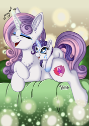 Size: 2894x4093 | Tagged: safe, artist:julunis14, rarity, sweetie belle, pony, unicorn, g4, age swap, cute, cutie mark on face, eyes closed, face paint, female, filly, filly rarity, older, older sweetie belle, role reversal, sibling love, siblings, singing, sisterly love, sisters, size difference, younger