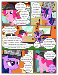 Size: 612x792 | Tagged: safe, artist:newbiespud, edit, edited screencap, screencap, pinkie pie, twilight sparkle, earth pony, pony, unicorn, comic:friendship is dragons, g4, mmmystery on the friendship express, bubble pipe, comic, deerstalker, detective, detective hat, dialogue, duo, duo female, eyelashes, eyes closed, female, grin, hat, indoors, mare, pipe, raised hoof, screencap comic, sherlock holmes, sherlock sparkle, smiling, thinking, unicorn twilight