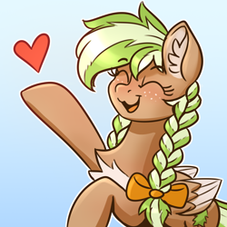 Size: 2480x2480 | Tagged: safe, artist:dandy, oc, oc only, oc:sylvia evergreen, pegasus, pony, blushing, braided pigtails, cute, eyes closed, female, freckles, hair tie, happy, heart, high res, mare, ocbetes, open mouth, solo