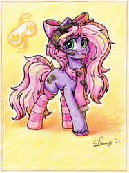Size: 2684x3590 | Tagged: safe, artist:dandy, oc, oc only, oc:lillybit, earth pony, pony, :3, :p, bow, clothes, colored pencil drawing, commission, female, headset, high res, mare, scarf, signature, socks, solo, striped socks, tongue out, traditional art