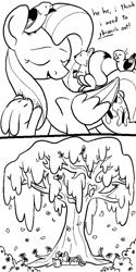 Size: 1500x3000 | Tagged: safe, artist:skookz, fluttershy, twilight sparkle, bird, butterfly, pegasus, pony, rabbit, squirrel, unicorn, g4, animal, black and white, book, comic, female, flower, fluttertree, grayscale, implied transformation, mare, monochrome, text, tree