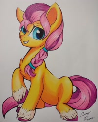 Size: 1648x2048 | Tagged: safe, artist:gleamydreams, sunny starscout, earth pony, pony, g5, female, looking at you, mare, sitting, smiling, smiling at you, solo, traditional art