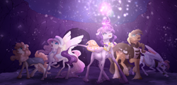 Size: 6207x3000 | Tagged: safe, artist:shaslan, applejack, fluttershy, pinkie pie, rainbow dash, rarity, classical unicorn, earth pony, pegasus, pony, unicorn, g4, absurd resolution, cape, clothes, cloven hooves, coat, fanfic, fanfic art, fanfic cover, female, glasses, hat, horn, leonine tail, mare, realistic horse legs, remane five, unshorn fetlocks