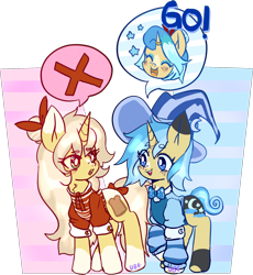 Size: 1600x1741 | Tagged: safe, artist:nyansockz, artist:ube, oc, oc only, oc:bippity boppity, oc:french toast, pony, unicorn, pony town, clothes, female, hat, horn, mage, manga style, siblings, sisters, speech bubble, unicorn oc, witch hat, wizard