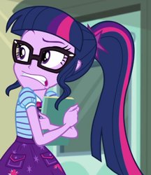 Size: 546x631 | Tagged: safe, screencap, sci-twi, twilight sparkle, equestria girls, equestria girls series, g4, stressed in show, stressed in show: pinkie pie, book, bowtie, clothes, cropped, cutie mark on clothes, eyebrows, geode of telekinesis, glasses, gritted teeth, jewelry, magical geodes, pendant, polo shirt, ponytail, raised eyebrow, skirt, solo, teeth