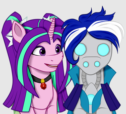 Size: 828x753 | Tagged: safe, artist:crystal yazarän, aria blaze, oc, oc:ivislor, oc:ivislor odzi, cyborg, cyborg pony, pony, unicorn, equestria girls, g4, cape, clothes, commission, commissioner:iv's, duo, female, jewelry, male, pendant, ponified, shoulder pads, smiling