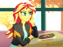 Size: 4000x3000 | Tagged: safe, artist:cobra0281, sunset shimmer, equestria girls, g4, book, desk, female, journal, pencil, sitting, smiling, solo, sunset's journal, window