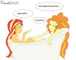 Size: 1003x797 | Tagged: safe, artist:crock2121, adagio dazzle, sunset shimmer, human, equestria girls, g4, bath, bathing, bathing together, bathtub, blowing, bubble, bubble bath, claw foot bathtub, clothes, comic, dialogue, duo, duo female, female, grin, implied nudity, lesbian, nudity, one eye closed, partial nudity, ship:sunsagio, shipping, smiling, spanish, suds, translated in the description