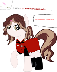 Size: 2928x3728 | Tagged: safe, artist:calebtyink, oc, oc:captain becky ray shoichet, earth pony, pony, star trek: sunset shimmer, equestria girls, g4, female, high res, mare, non-existant horn, none existing horn, ponified, star trek