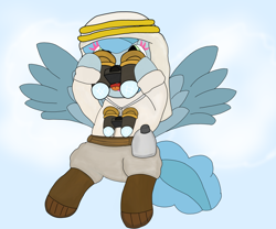 Size: 6048x5036 | Tagged: safe, artist:pinkiepie69, oc, oc only, oc:eazybake, pegasus, pony, belt, binoculars, boots, canteen, cloud, cloudy, eazy bake, female, lawrence of arabia style, lipstick, makeup, outfit, pegasus oc, shoes, sky, solo