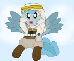Size: 6048x5036 | Tagged: safe, artist:pinkiepie69, oc, oc only, oc:eazybake, pegasus, pony, binoculars, boots, canteen, eazy bake, eyeshadow, female, lawrence of arabia style, lipstick, makeup, outfit, pegasus oc, shoes, sky, solo