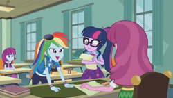 Size: 3410x1920 | Tagged: safe, screencap, cheerilee, rainbow dash, sci-twi, twilight sparkle, equestria girls, equestria girls series, g4, the last day of school, bowtie, clothes, female, geode of super speed, geode of telekinesis, glasses, high res, hoodie, jewelry, magical geodes, male, necklace, open mouth, pencil, ponytail, sunglasses