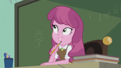 Size: 3410x1920 | Tagged: safe, screencap, cheerilee, equestria girls, equestria girls series, g4, the last day of school, book, chalkboard, female, high res, pencil, smiling, solo