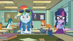 Size: 3410x1920 | Tagged: safe, screencap, captain planet, rainbow dash, sci-twi, twilight sparkle, equestria girls, equestria girls series, g4, the last day of school, bowtie, clothes, cutie mark, cutie mark on clothes, female, geode of super speed, geode of telekinesis, glasses, high res, hoodie, jewelry, magical geodes, male, necklace, ponytail, sunglasses