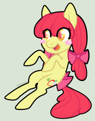 Size: 782x1000 | Tagged: safe, artist:soulnik, apple bloom, earth pony, pony, g4, alternate cutie mark, alternate hairstyle, blush sticker, blushing, female, filly, open mouth, open smile, smiling, solo