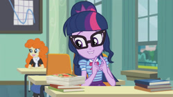 Size: 3410x1920 | Tagged: safe, screencap, golden hazel, sci-twi, twilight sparkle, equestria girls, g4, my little pony equestria girls: better together, the last day of school, bowtie, female, glasses, high res, lip bite, ponytail, solo