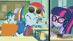 Size: 3410x1920 | Tagged: safe, screencap, rainbow dash, sci-twi, twilight sparkle, equestria girls, g4, my little pony equestria girls: better together, the last day of school, breaking the fourth wall, clothes, cutie mark, cutie mark on clothes, eyes closed, female, fourth wall, geode of super speed, geode of telekinesis, glasses, grin, high res, hoodie, jewelry, magical geodes, male, necklace, ponytail, smiling, sunglasses