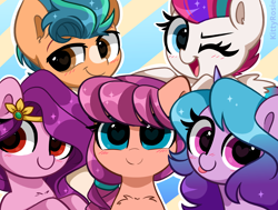 Size: 5154x3889 | Tagged: safe, artist:kittyrosie, hitch trailblazer, izzy moonbow, pipp petals, sunny starscout, zipp storm, earth pony, pegasus, pony, unicorn, g5, :p, absurd resolution, adorapipp, adorazipp, blushing, chest fluff, cute, female, heart eyes, hitchbetes, izzybetes, looking at you, male, mane five, mare, one eye closed, open mouth, royal sisters (g5), siblings, sisters, smiling, smiling at you, stallion, sunnybetes, tongue out, wingding eyes, wink, winking at you