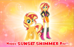 Size: 4600x2900 | Tagged: safe, artist:andoanimalia, sunset shimmer, pony, unicorn, equestria girls, g4, duality, female, grin, hand on hip, high res, looking at you, mare, open mouth, open smile, smiling, smiling at you, solo, sunset shimmer day