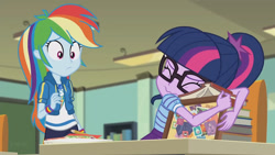 Size: 3410x1920 | Tagged: safe, screencap, rainbow dash, sci-twi, twilight sparkle, equestria girls, equestria girls series, g4, the last day of school, clothes, cutie mark, cutie mark on clothes, eyes closed, female, geode of super speed, glasses, high res, hoodie, jewelry, magical geodes, necklace, ponytail