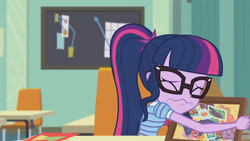 Size: 3410x1920 | Tagged: safe, screencap, sci-twi, twilight sparkle, equestria girls, g4, my little pony equestria girls: better together, the last day of school, book, bowtie, eyes closed, female, glasses, high res, ponytail, solo
